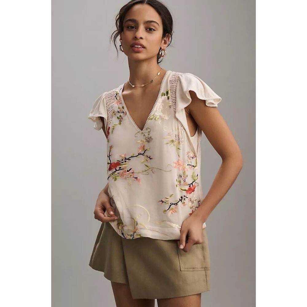 Anthropologie Tiny Flutter-Sleeve Embroidered Floral Top Size XS